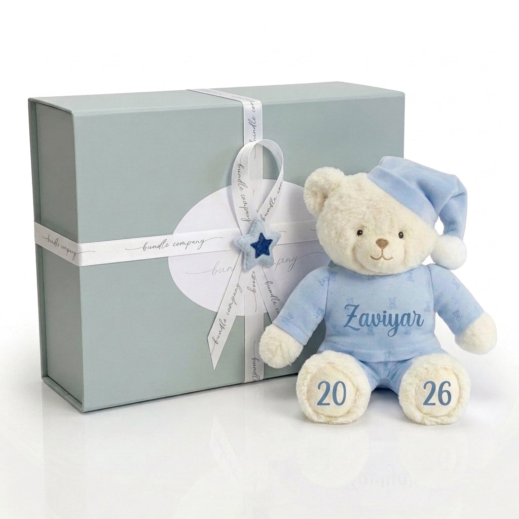 Personalised Bedtime Bear gift set in luxury magnetic gift box with signature ribbon packaging