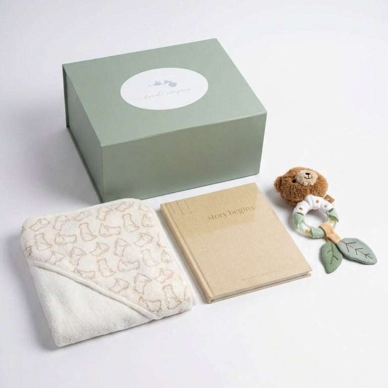 Little Beginnings Personalised Baby Gift Set | Hooded Towel, Journal & Rattle Hamper

