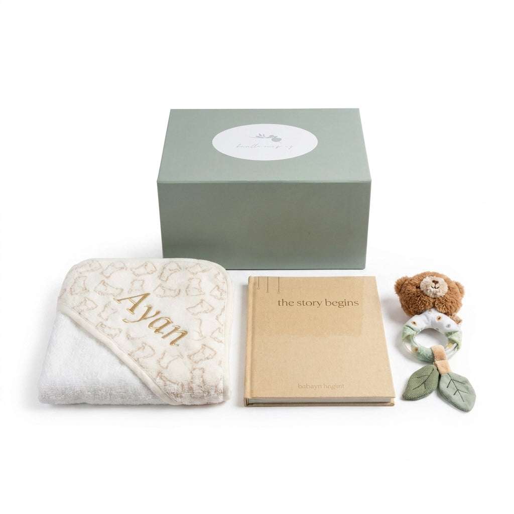 Little Beginnings Personalised Baby Gift Set | Hooded Towel, Journal & Rattle Hamper
