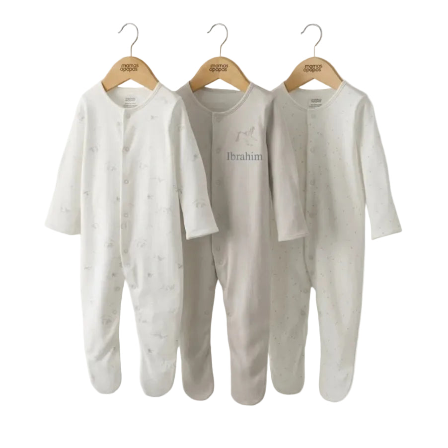 Mamas & Papas stork print cotton baby sleepsuits, pack of 3