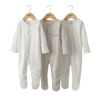 Mamas & Papas stork print cotton baby sleepsuits, pack of 3