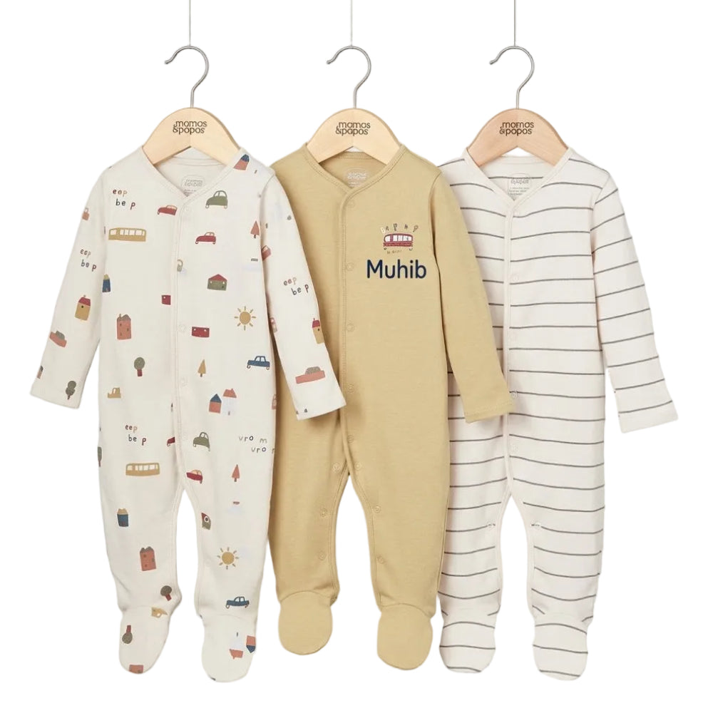 Mamas & Papas Welcome to the World transport print baby sleepsuits, pack of 3