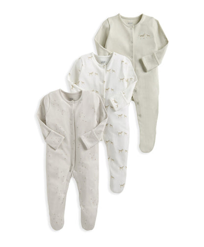 Mamas & Papas Wild Animal Sleepsuits Pack of 3 - 100% cotton newborn sleepsuits with zebra, footprint and sage zebra placement designs