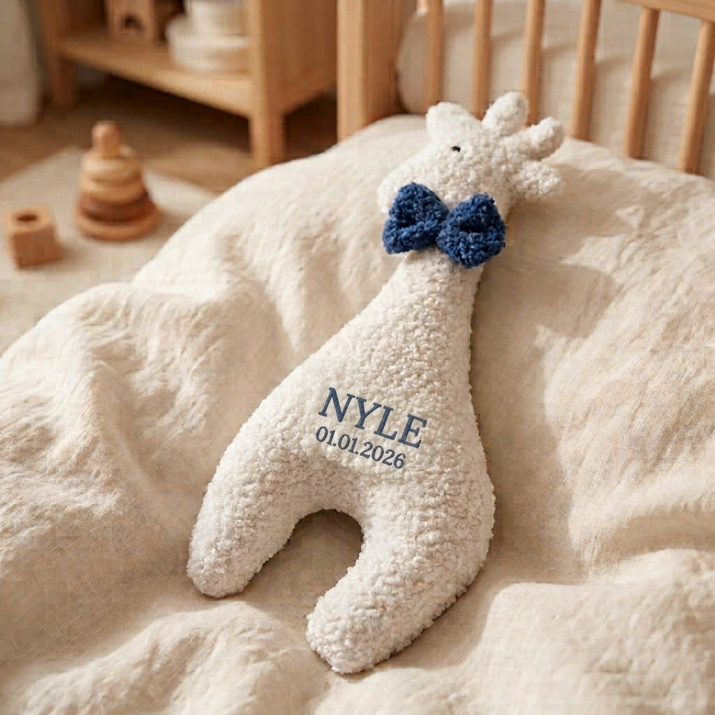 Nico the Giraffe personalised baby cushion by MYLU in white bouclé with blue bow