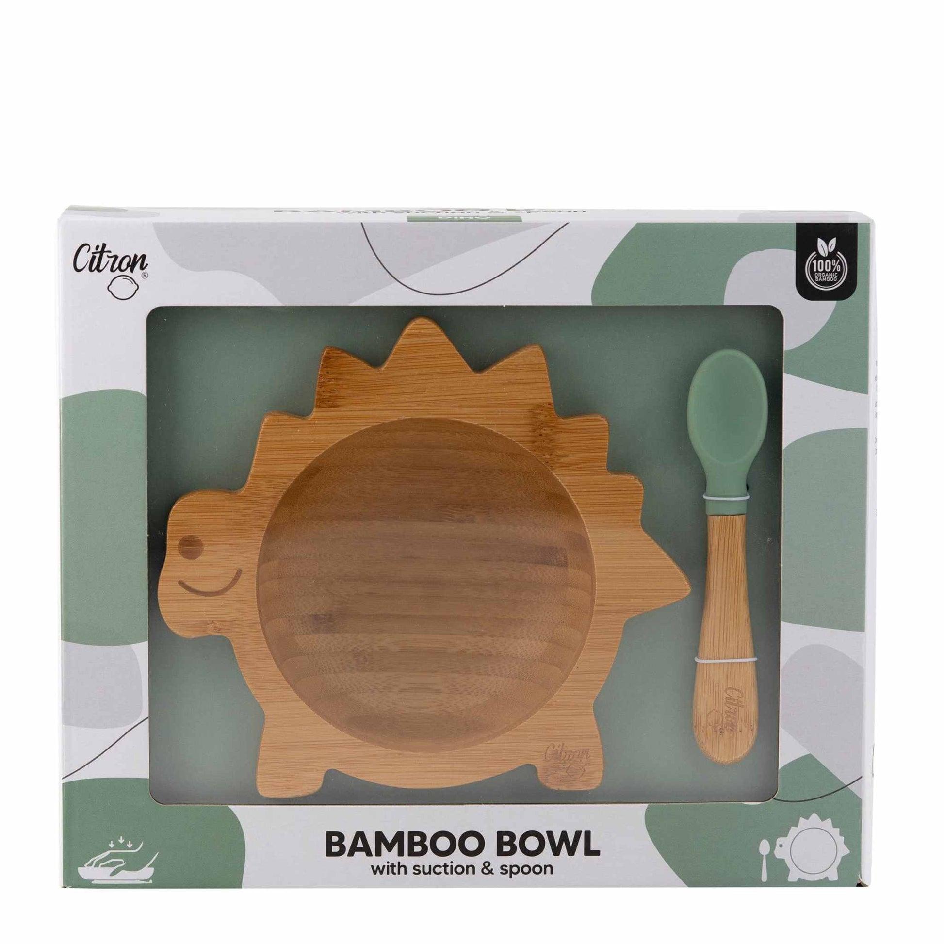 Organic Bamboo Bowl 250ml Suction + Spoon Dino Green | Citron