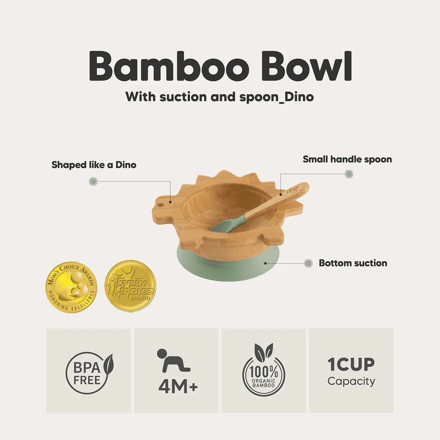 Organic Bamboo Bowl 250ml Suction + Spoon Dino Green | Citron