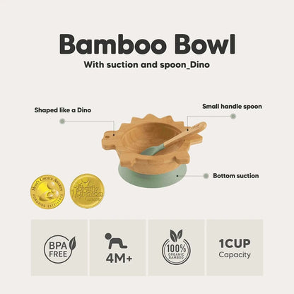 Organic Bamboo Bowl 250ml Suction + Spoon Dino Green | Citron