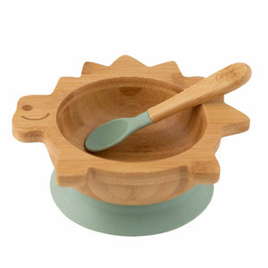 Organic Bamboo Bowl 250ml Suction + Spoon Dino Green | Citron
