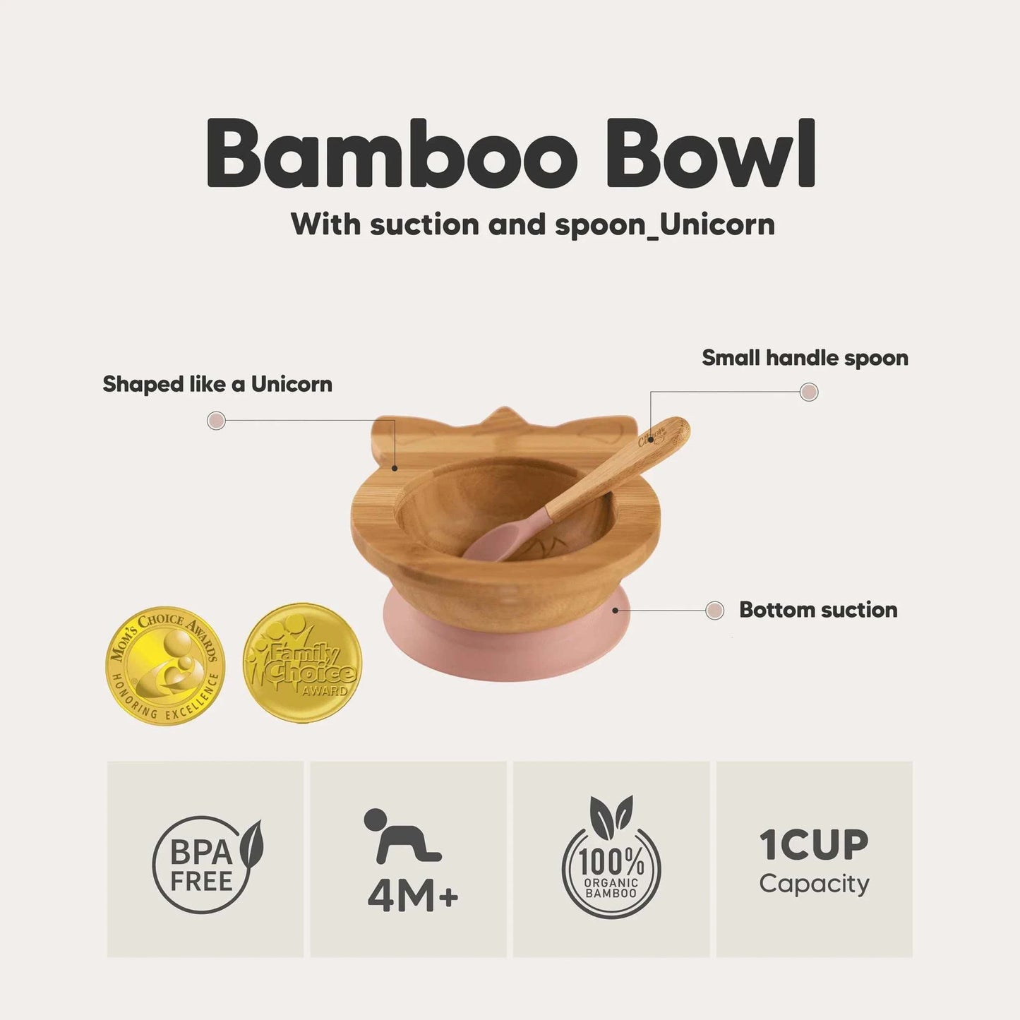 Organic Bamboo Bowl 250ml Suction + Spoon Unicorn Blush Pink | Citron