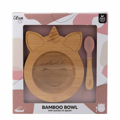 Organic Bamboo Bowl 250ml Suction + Spoon Unicorn Blush Pink | Citron