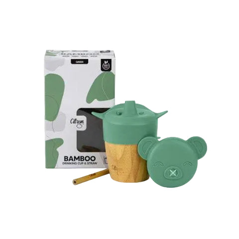 Organic Bamboo Cup - lid and straw - Dino Green | Citron