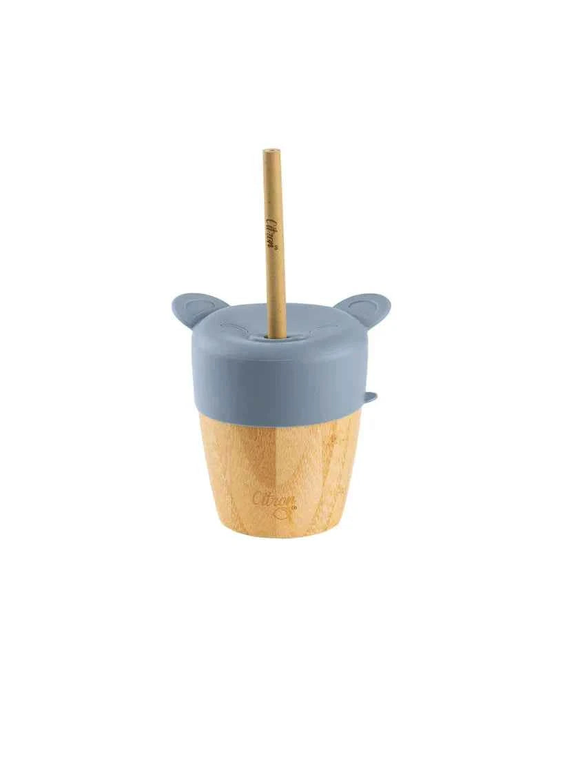 Organic Bamboo Cup with lid and straw - Dusty Blue |Citron