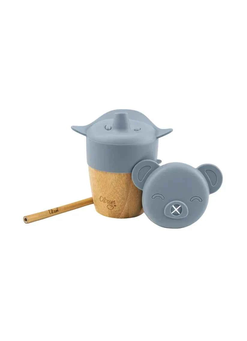 Organic Bamboo Cup with lid and straw - Dusty Blue |Citron