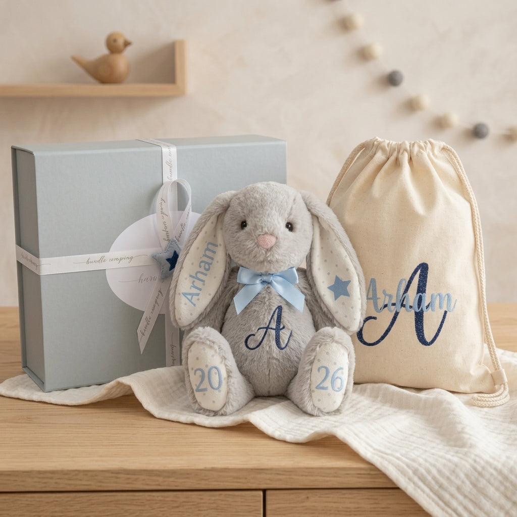 Personalised Lulla grey bunny gift set