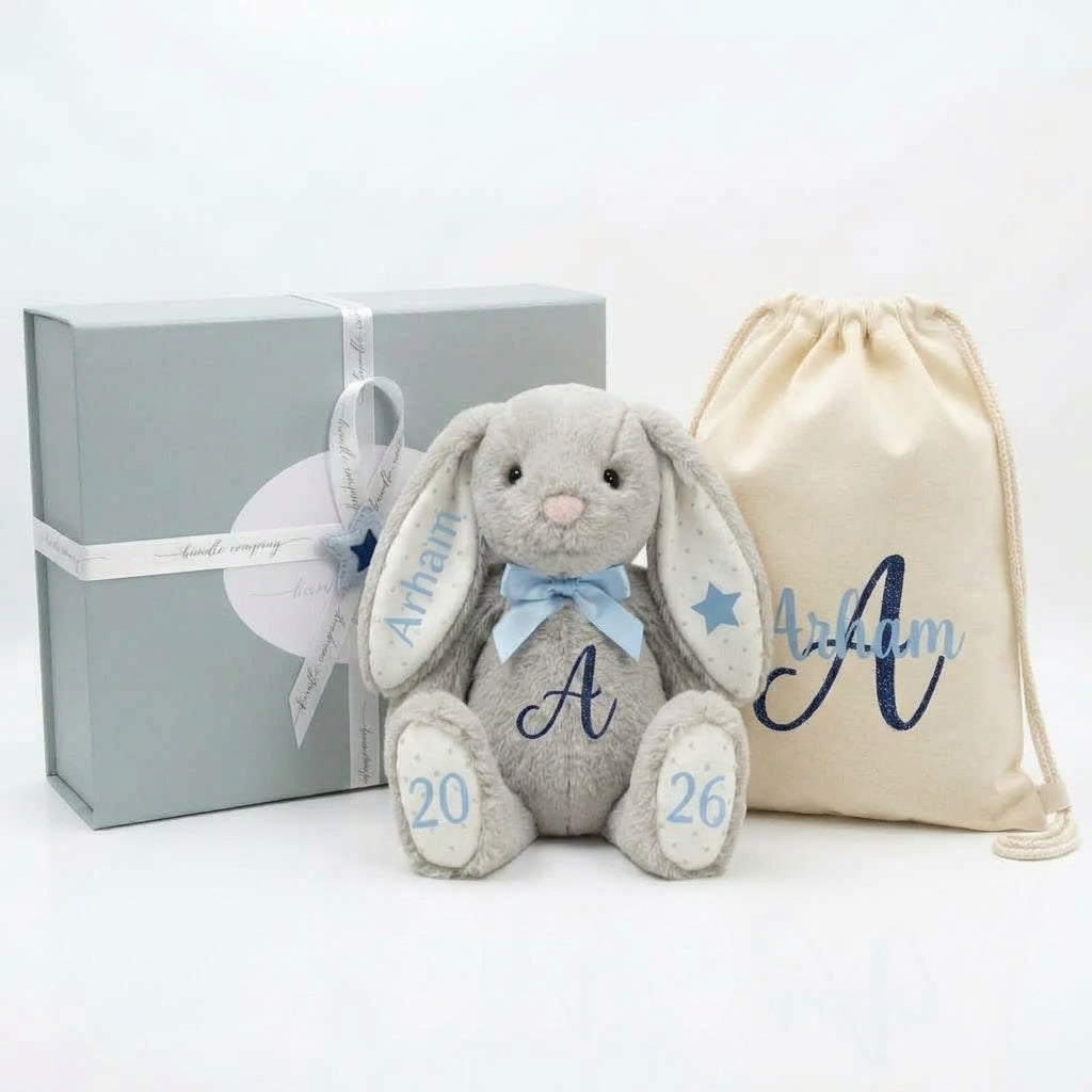 Personalised Lulla grey bunny gift set – view 2