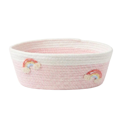 Personalised pink rainbow cotton rope storage basket for nursery and playroom