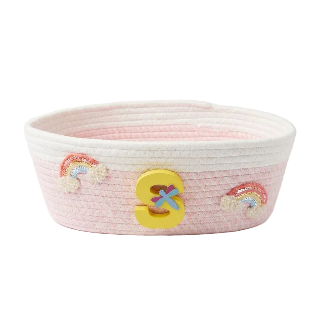 Personalised pink rainbow cotton rope storage basket for nursery and playroom – view 2