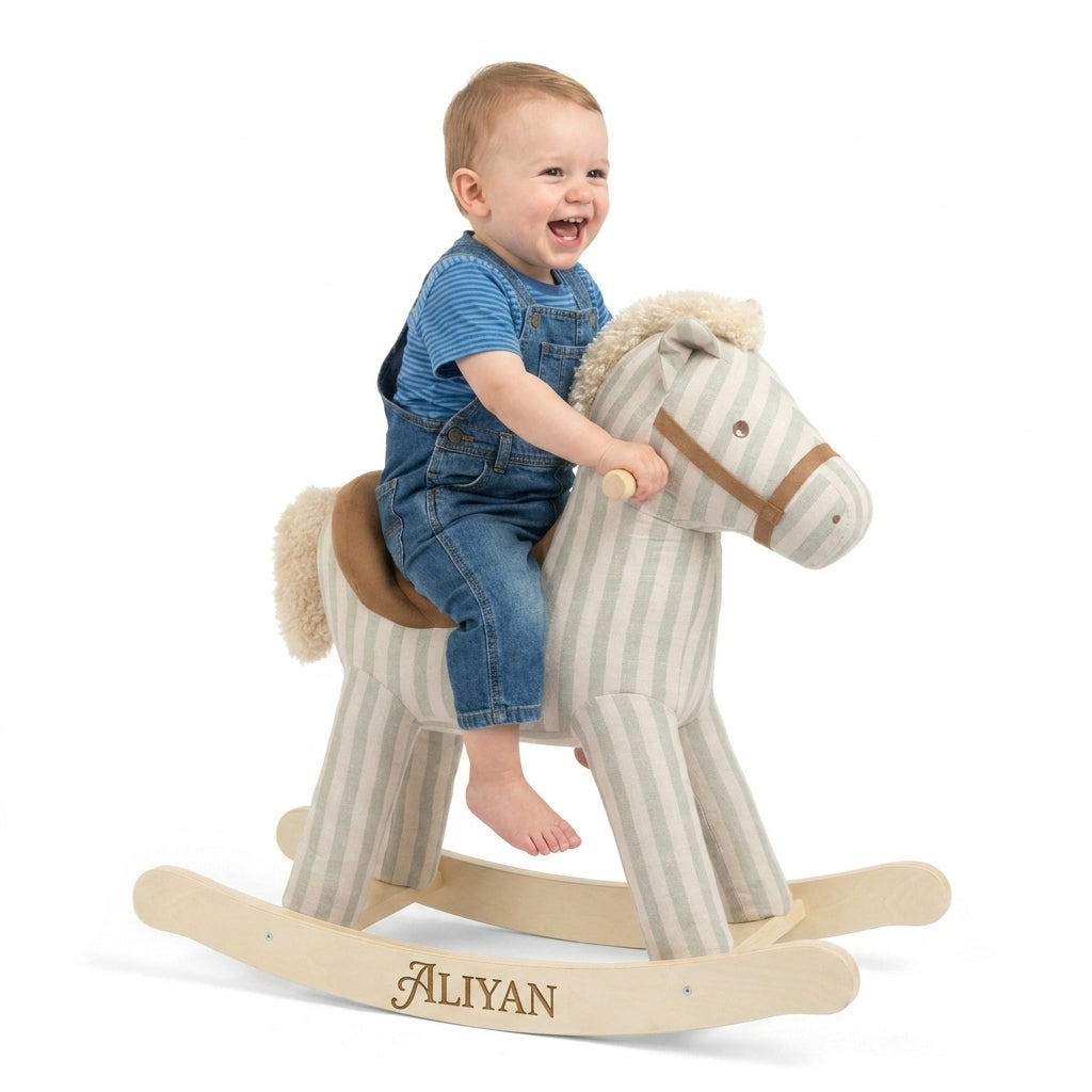 Personalised Rocking Horse – Sage Green Stripe