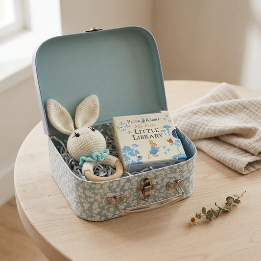 Peter Rabbit baby gift bundle with My First Little Library, bunny rattle and mini trunk