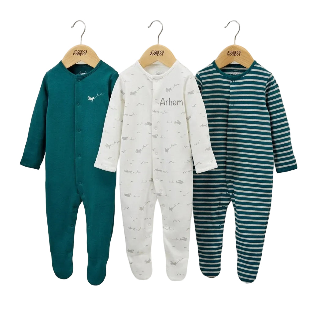 Personalised Mamas & Papas baby sleepsuits, pack of 3, planes, stripe and name