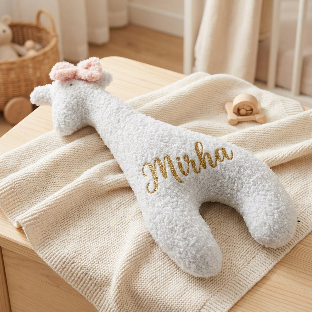 Personalising a Lola the Giraffe cushion with a baby's name at Bundle Company