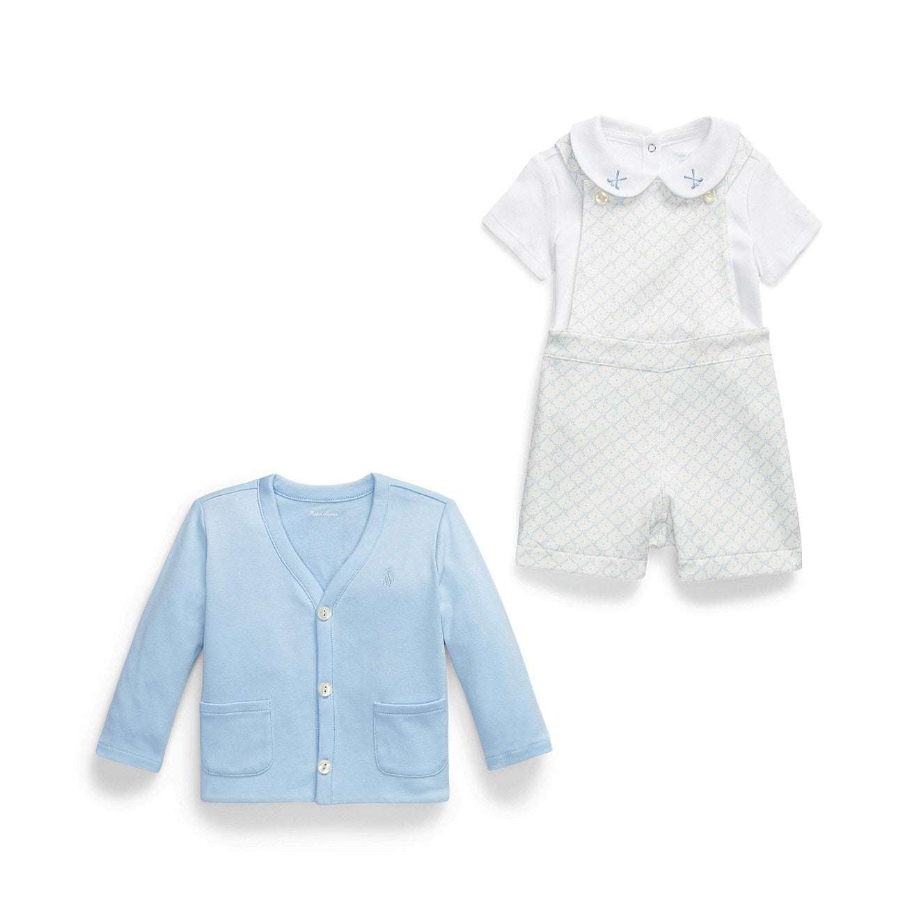Ralph Lauren Cotton Bodysuit, Cardigan & Overall Set