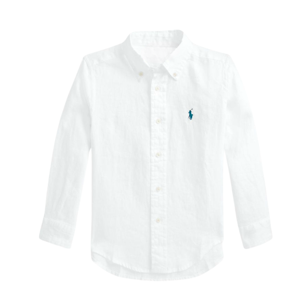 White button-up shirt with a small logo on a white background