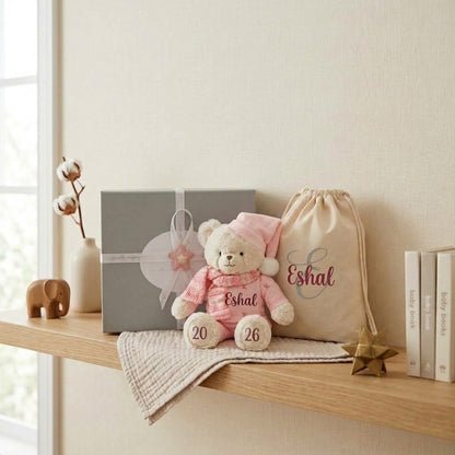 Personalised pink bedtime bear gift set