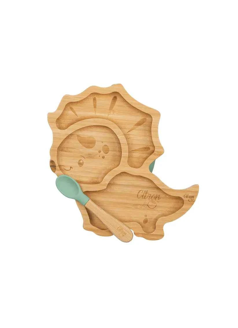 Small Bamboo Plate & Spoon - Dino + with suction | Citron