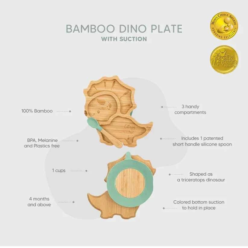 Small Bamboo Plate & Spoon - Dino + with suction | Citron