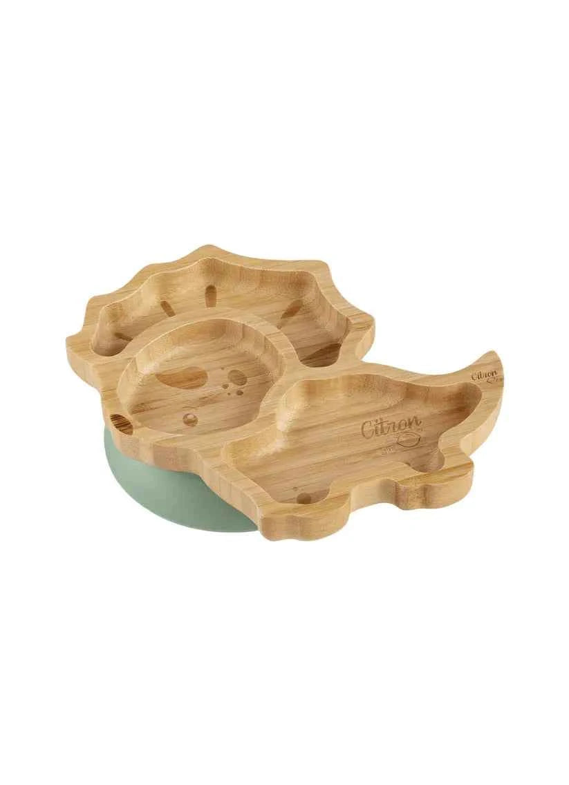 Small Bamboo Plate & Spoon - Dino + with suction | Citron