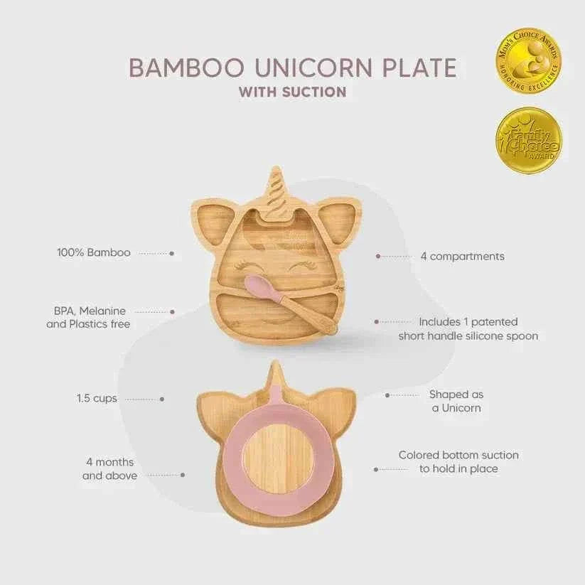 Small Bamboo Plate & spoon- Unicorn + with suction | Citron