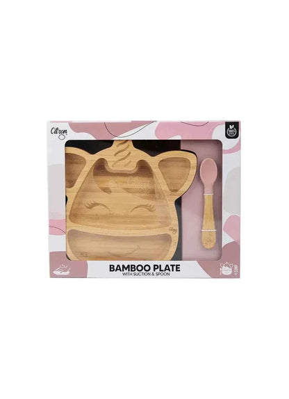 Small Bamboo Plate & spoon- Unicorn + with suction | Citron