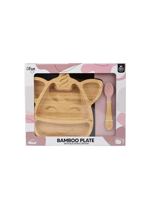 Small Bamboo Plate & spoon- Unicorn + with suction | Citron