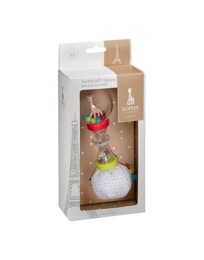 Sophie La Girafe baby rattle with colorful balls, soft fabric, and textured grip for easy handling