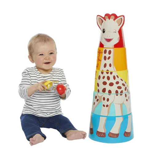 Sophie La Girafe Giant Tower stacking game with marbles and puzzle pieces for baby development