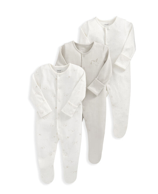Mamas & Papas 3 pack newborn sleepsuits in stork print, spotted and grey with popper fastening