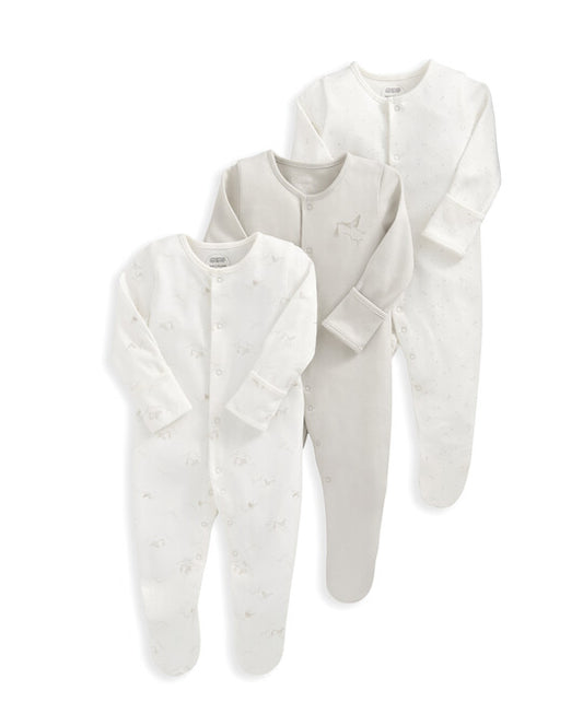 Mamas & Papas 3 pack newborn sleepsuits in stork print, spotted and grey with popper fastening