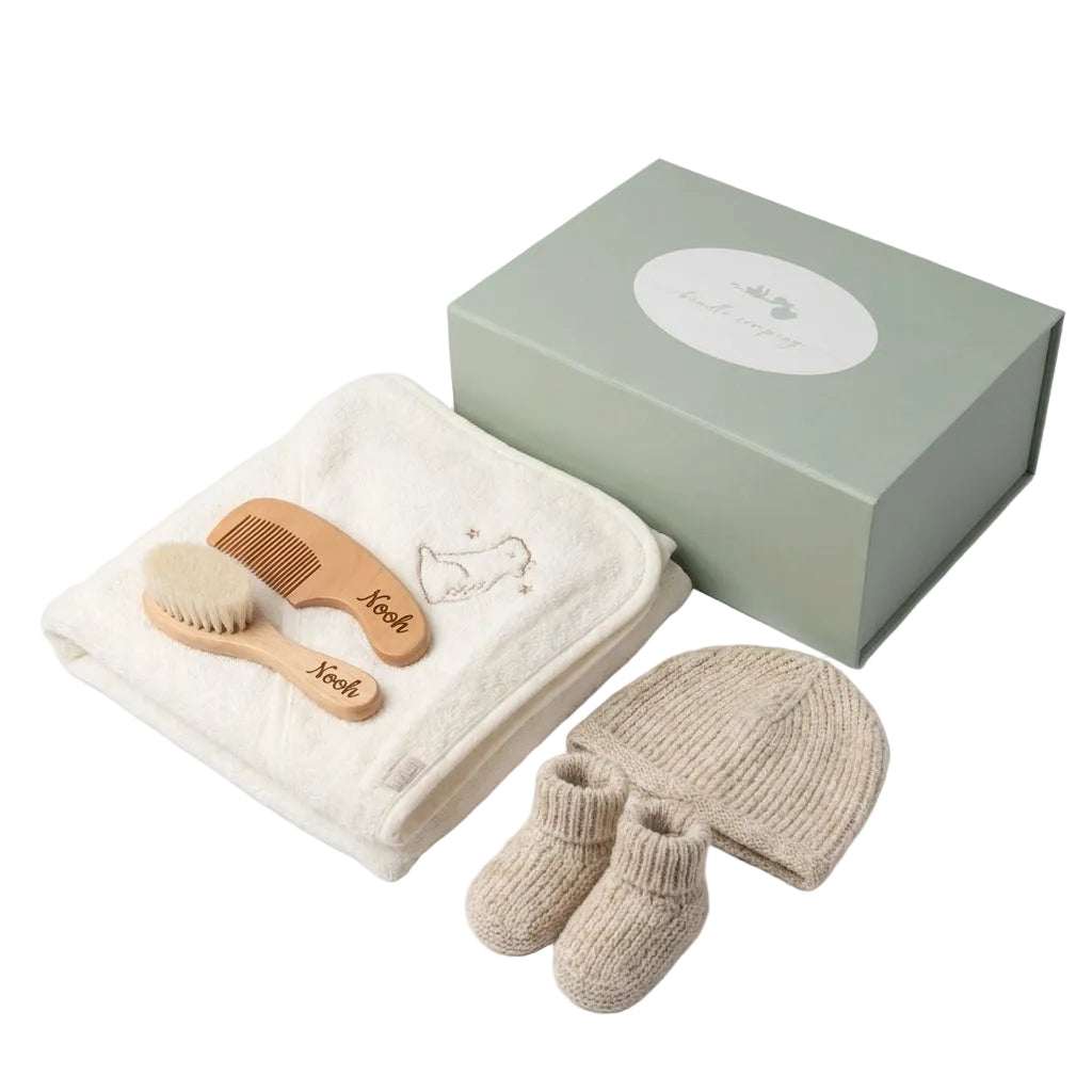 Little Bear Baby Gift Set with personalised hooded towel, knitted hat and booties, wooden brush and comb set, luxury magnetic gift box.