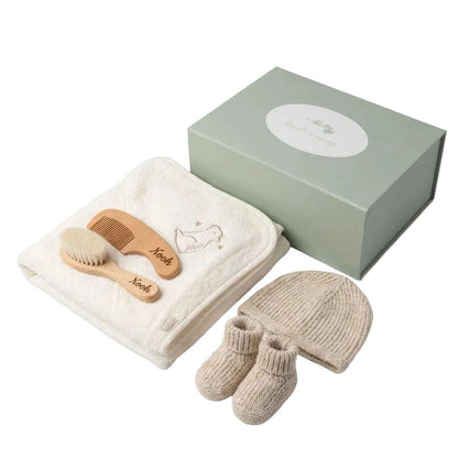 Little Bear Baby Gift Set with personalised hooded towel, knitted hat and booties, wooden brush and comb set, luxury magnetic gift box.