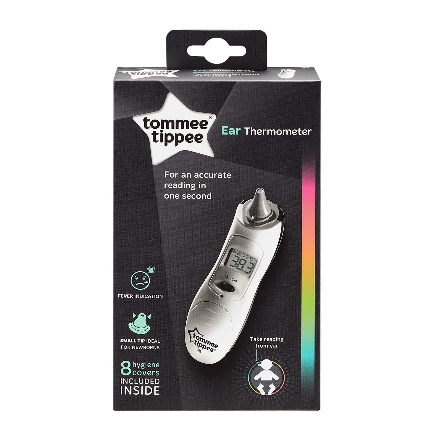 Tommee Tippee Digital Ear Thermometer with tiny ear tip, quick 1-second reading, fever alert, large LCD, and memory storage