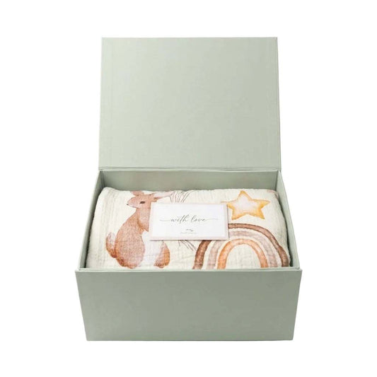 Personalised baby milestone playmat made from organic cotton with magnetic gift box and signature ribbon gift set