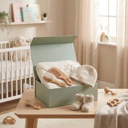 Personalised baby gift set with Mothercare hooded towel, Mamas & Papas knitted hat and booties, wooden brush and comb – Bundle Company Pakistan"