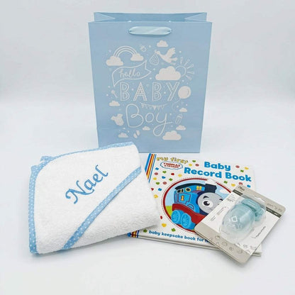 First Memories Baby Gift Bundle with personalised hooded towel, fruit feeder, baby memory book, and premium gift bag