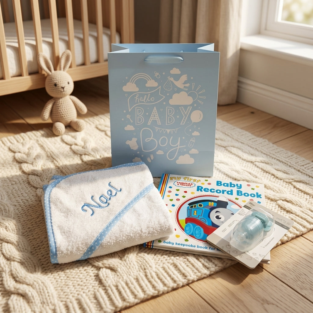 Personalised Baby Boy Gift Set | Hooded Towel, Thomas & Friends Record Book & Teether