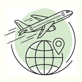 A minimalist line-art illustration of a commercial airplane flying above a globe with a location pin, set inside a pale green oval on a light cream background.