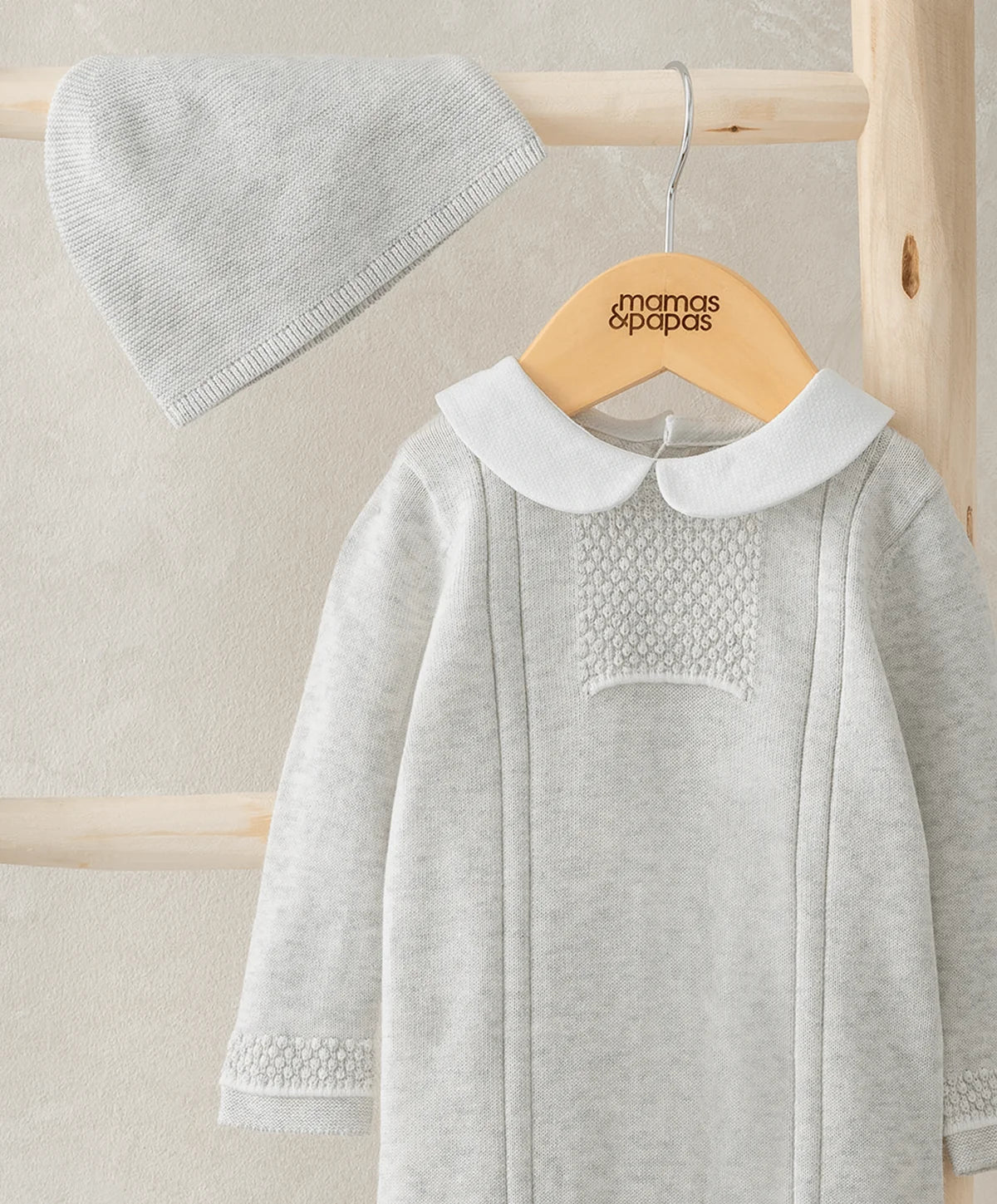 Mamas & Papas grey knitted baby romper and hat set with pearl detail – view 3