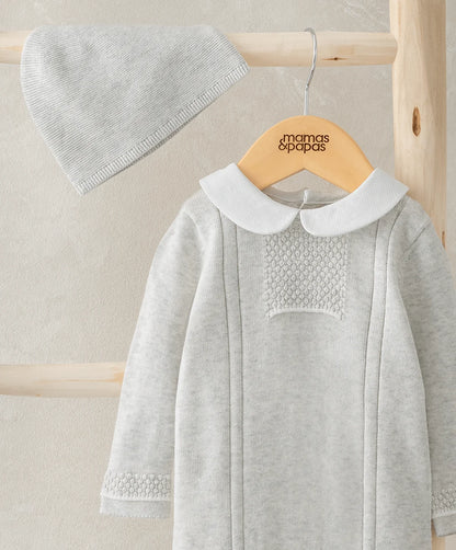 Mamas & Papas grey knitted baby romper and hat set with pearl detail – view 3