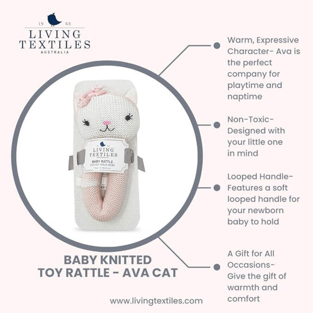 Pink & White Ava Cat Knitted Baby Rattle | Living Textiles