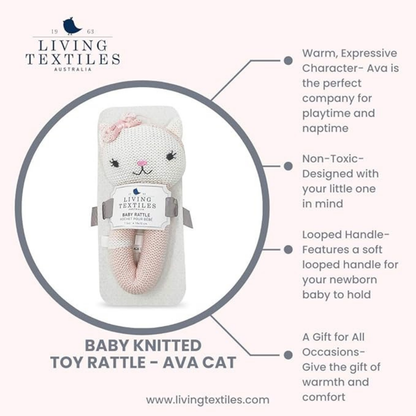 Pink & White Ava Cat Knitted Baby Rattle | Living Textiles